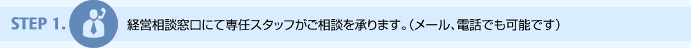 step1. 経営相談窓口にて専任スタッフがご相談を承ります。（メール、電話でも可能です）